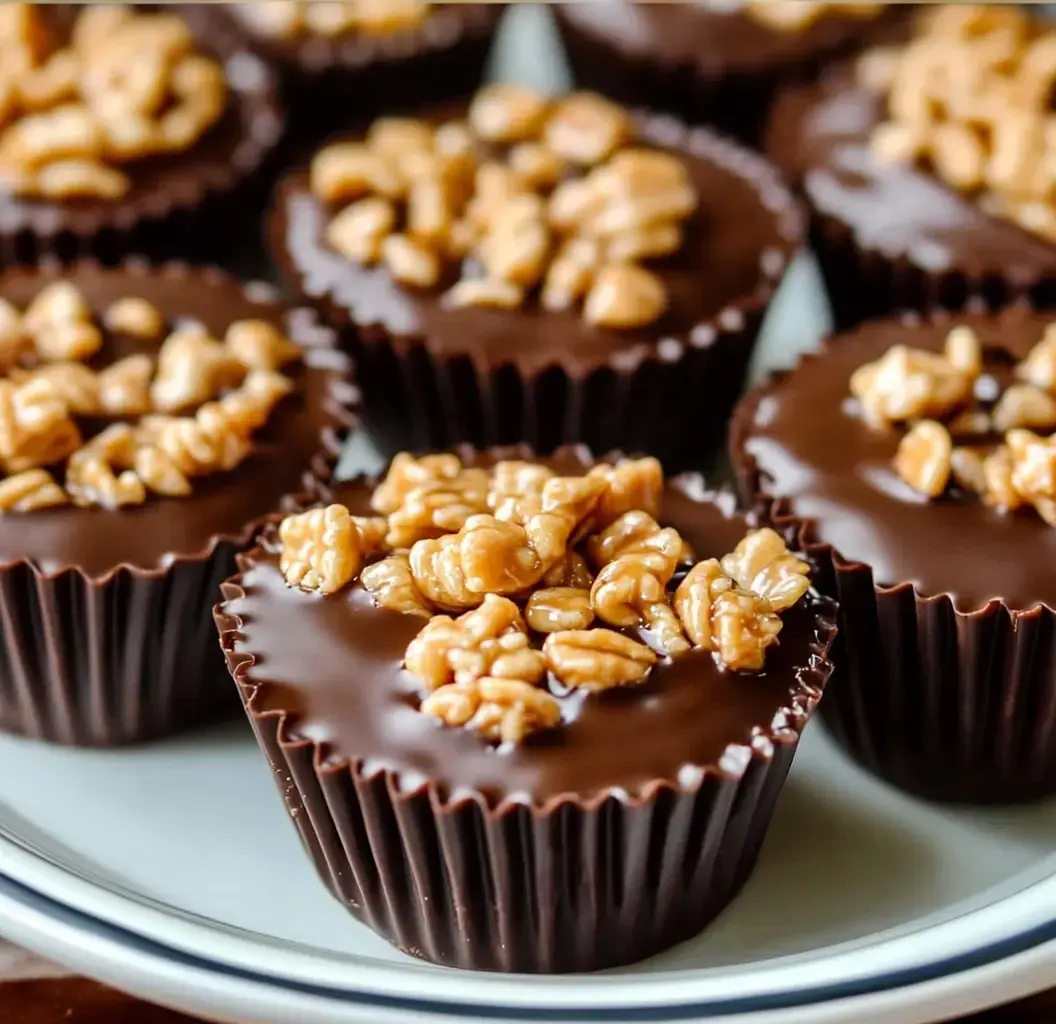 A close-up image of chocolate cups topped with caramelized nuts, arranged on a white plate.