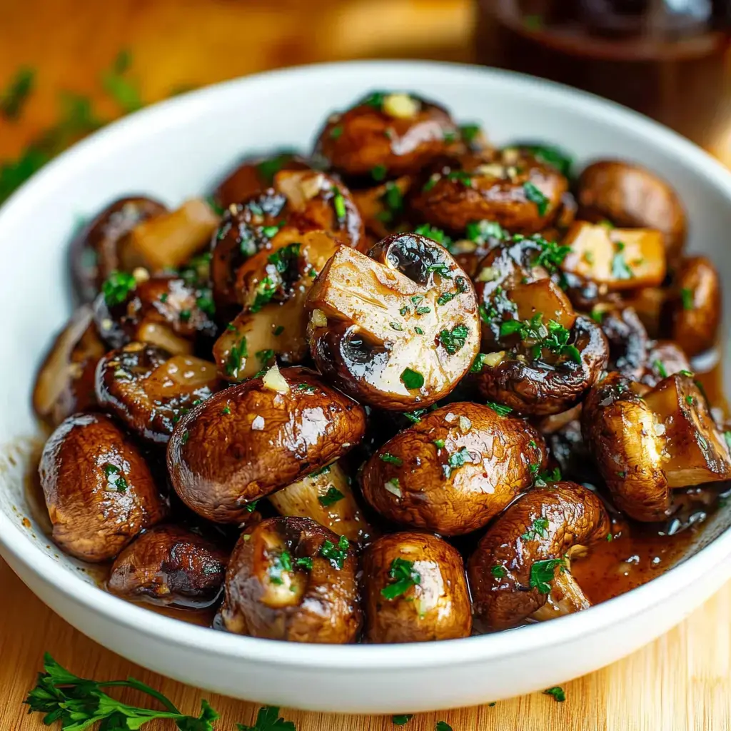 A bowl of sautéed mushrooms garnished with herbs and a glossy marinade.