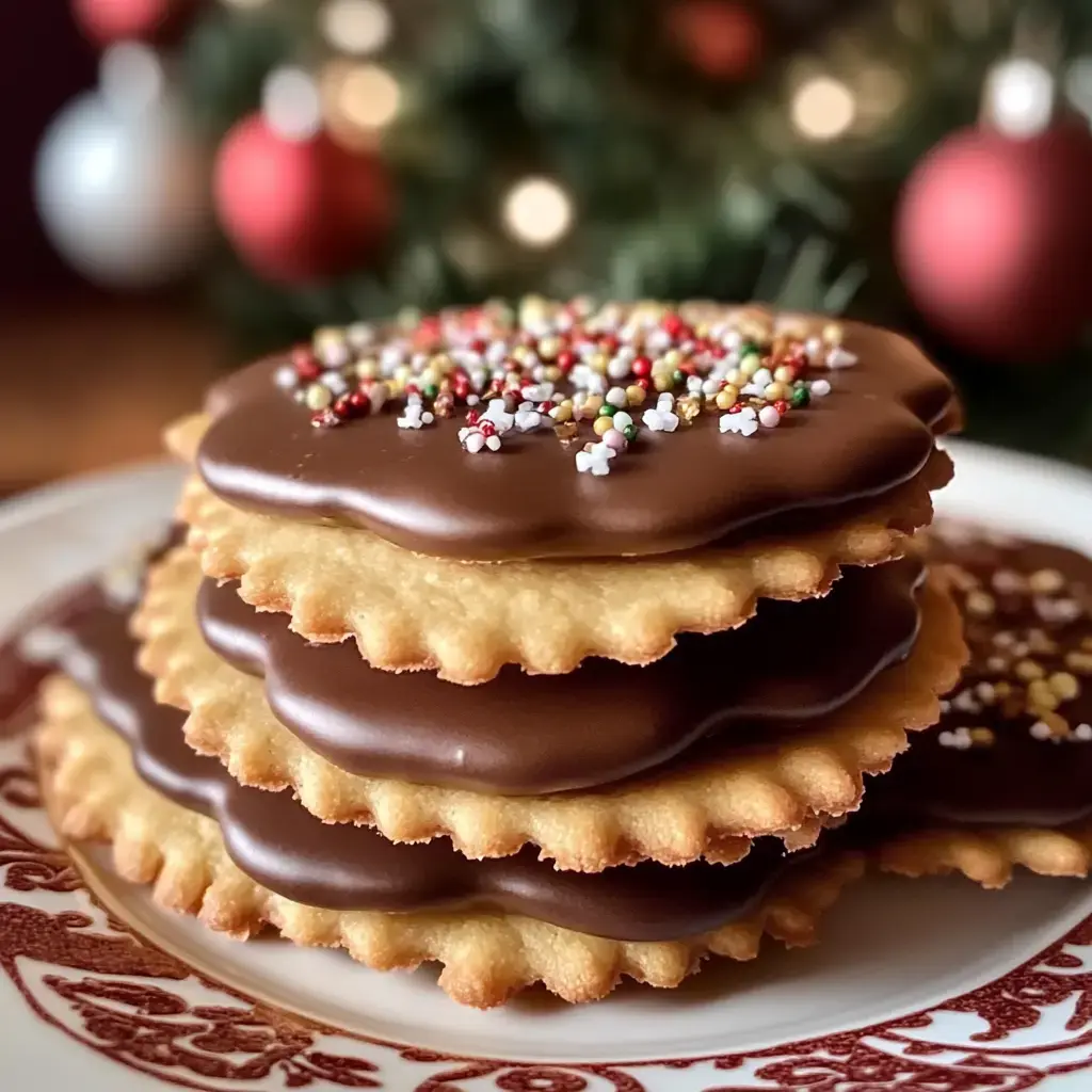 A stack of chocolate-covered cookies decorated with colorful sprinkles, set against a festive backdrop with a hint of holiday decorations.