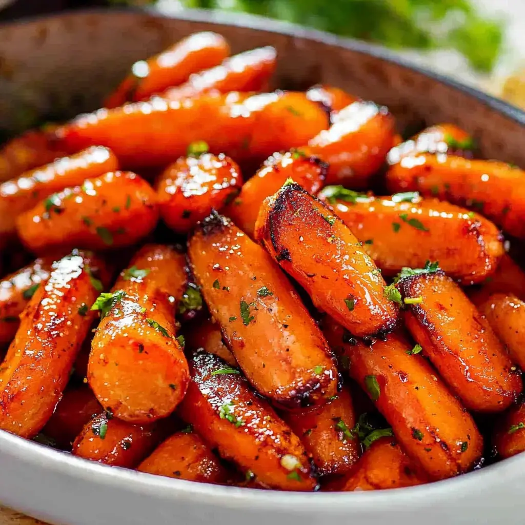 A close-up image of glossy roasted carrots garnished with fresh herbs in a white serving bowl.