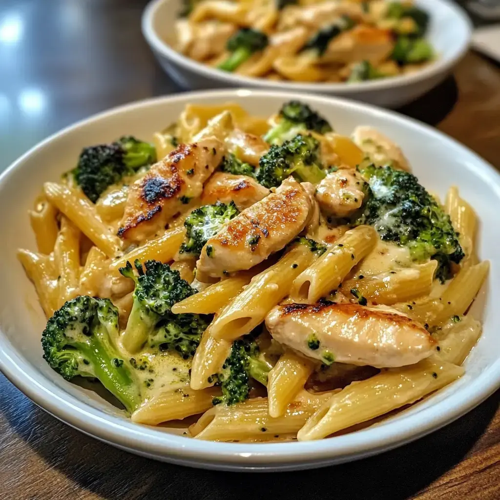 A bowl of creamy pasta with grilled chicken and broccoli.