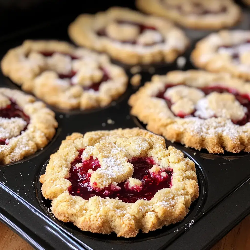 A tray of freshly baked fruit-filled cookies with a crumbly topping, dusted with powdered sugar.