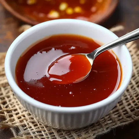 A white bowl filled with a glossy red sauce and a silver spoon resting inside it, set on a textured brown surface.
