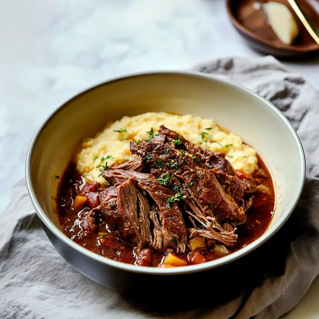 A bowl of tender, shredded beef roast served over creamy polenta, garnished with fresh thyme and accompanied by a rich sauce.