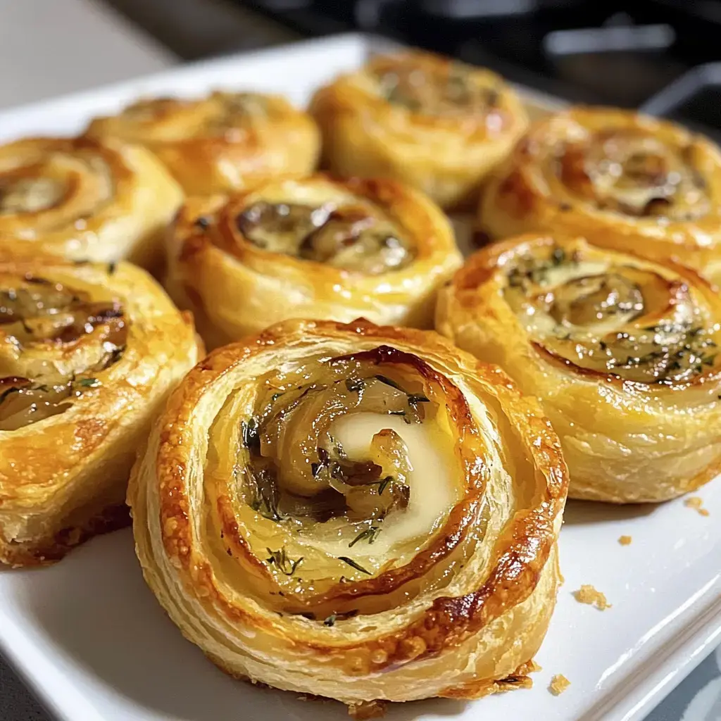 A plate of freshly baked, golden-brown spiral pastries filled with cheese and herbs.