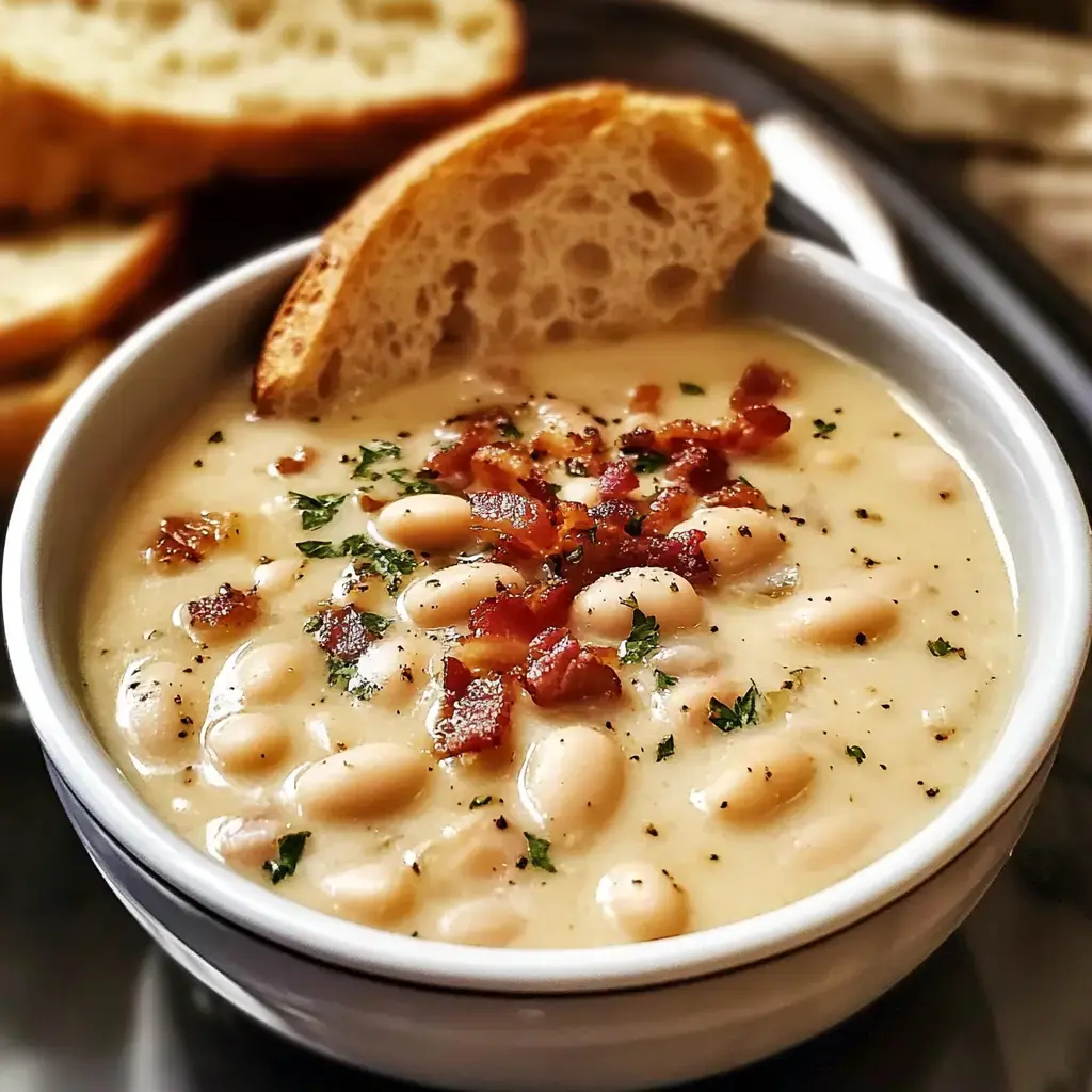 A bowl of creamy white bean soup topped with crispy bacon and parsley, accompanied by slices of bread.