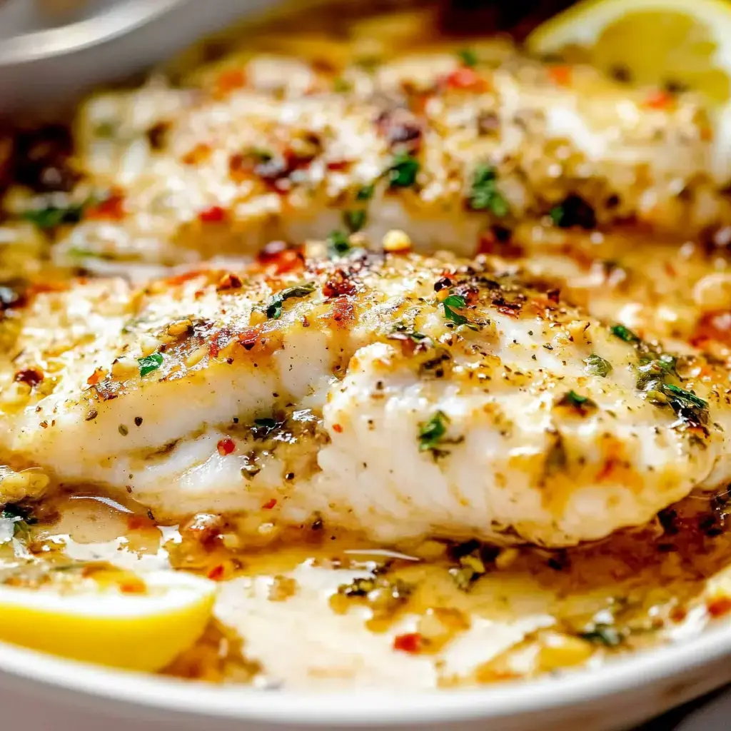 A close-up of two pieces of cooked fish in a savory sauce, garnished with herbs and spices, accompanied by lemon wedges.