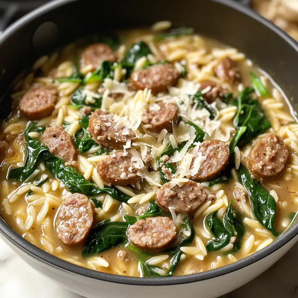 A close-up of a creamy orzo dish with sliced sausage, fresh spinach, and grated cheese on top.