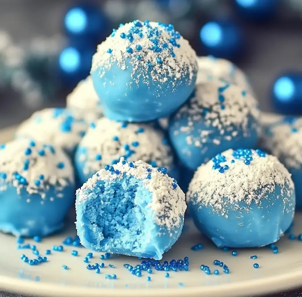 A plate of blue cake balls coated in white sprinkles and blue sugar, with one half-eaten to reveal the blue interior.