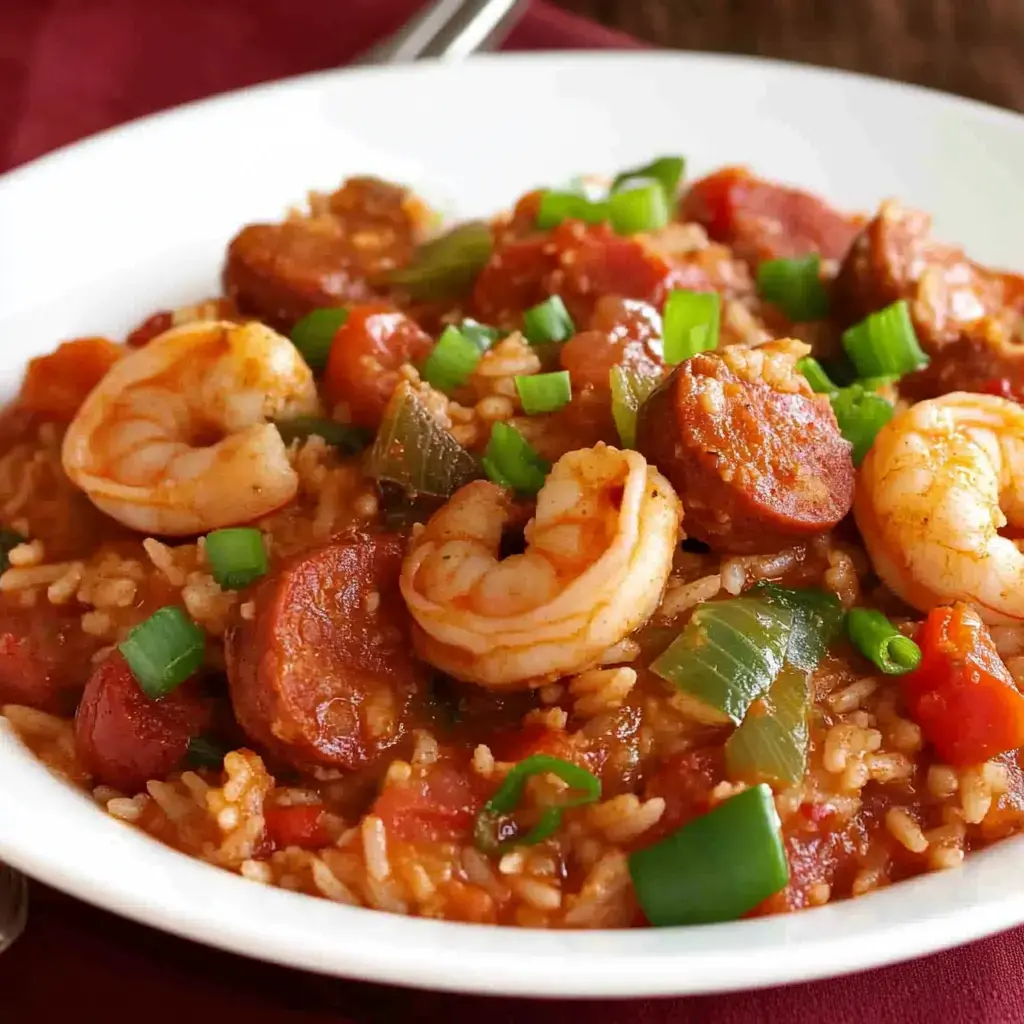 A close-up view of a bowl of shrimp and sausage jambalaya, featuring rice, tomatoes, and green onions.