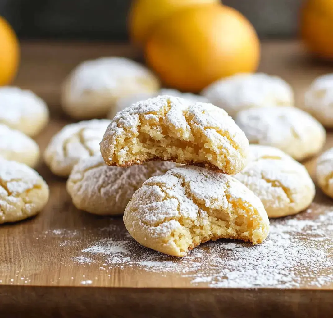 A stack of powdered sugar-dusted cookies with a bite taken out of the top cookie is displayed on a wooden surface, with oranges blurred in the background.