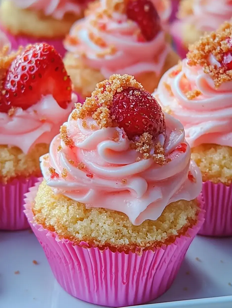 A close-up image of beautifully decorated cupcakes topped with pink frosting, crushed crumbs, and fresh strawberries, displayed in pink wrappers.