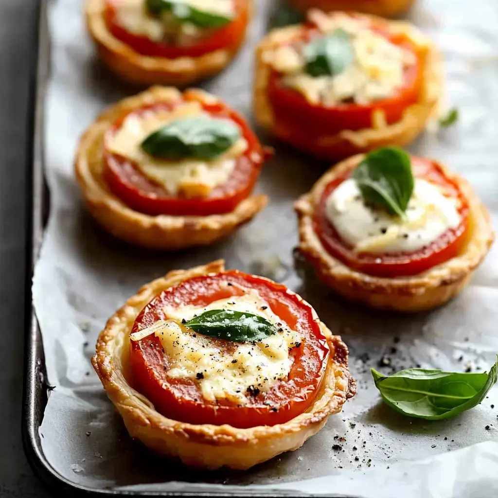 Six mini tomato and cheese tarts are arranged on a baking sheet, garnished with fresh basil leaves.