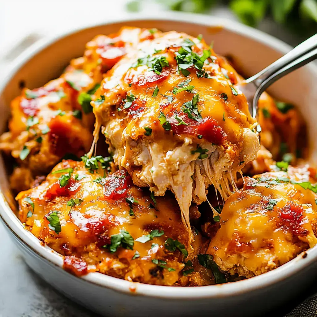 A serving of cheesy, baked chicken topped with tomato sauce and garnished with herbs in a dish.