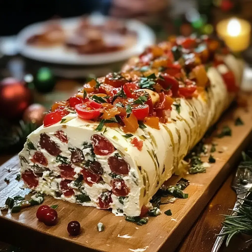 A festive log-shaped dish made of creamy cheese, filled with herbs, tomatoes, and garnished with colorful peppers and herbs, displayed on a wooden board.