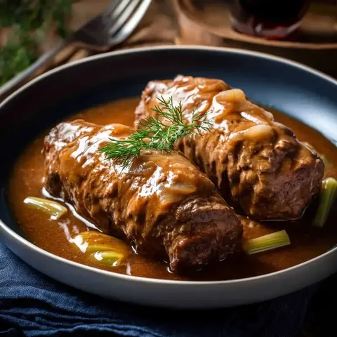 A close-up of two rolled meat dishes in a rich brown sauce, garnished with a sprig of dill and served with celery, on a dark plate.