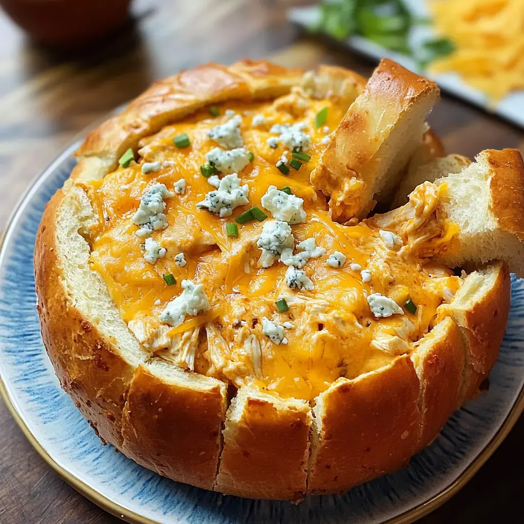 A cheesy chicken dip is served in a hollowed-out bread bowl, garnished with crumbled blue cheese and chopped green onions.