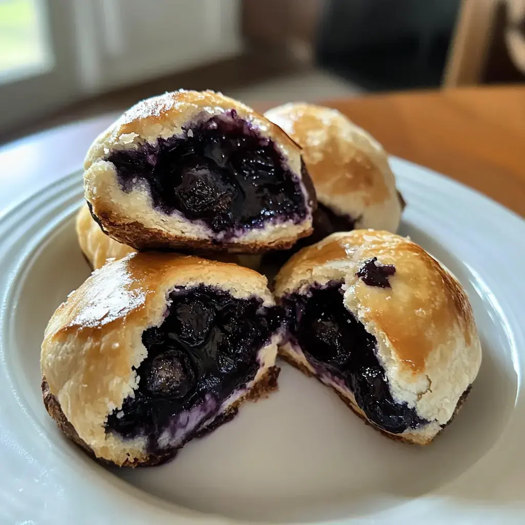 A plate of freshly baked pastries filled with dark purple fruit filling, partially cut open to reveal their insides.