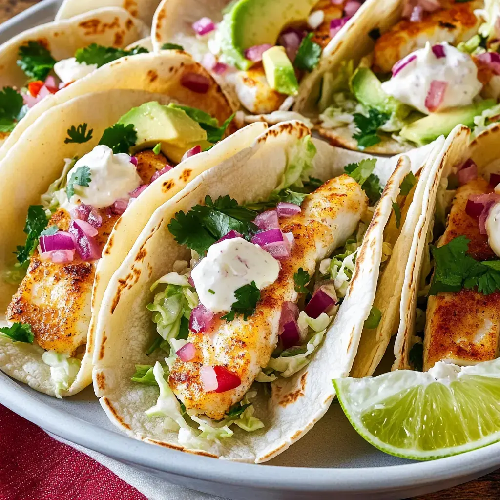 A platter of fish tacos filled with grilled fish, lettuce, avocado, diced red onions, cilantro, and a dollop of creamy sauce, garnished with lime wedges.