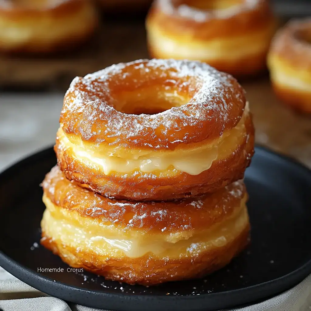 A stack of two cream-filled donuts dusted with powdered sugar, placed on a black plate.