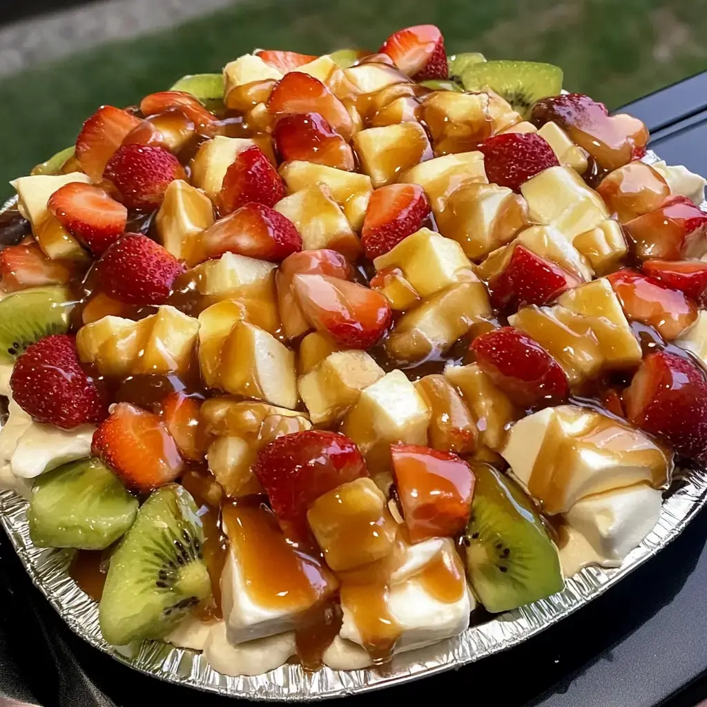 A colorful fruit pie topped with strawberries, kiwi, and apple chunks drizzled with caramel.