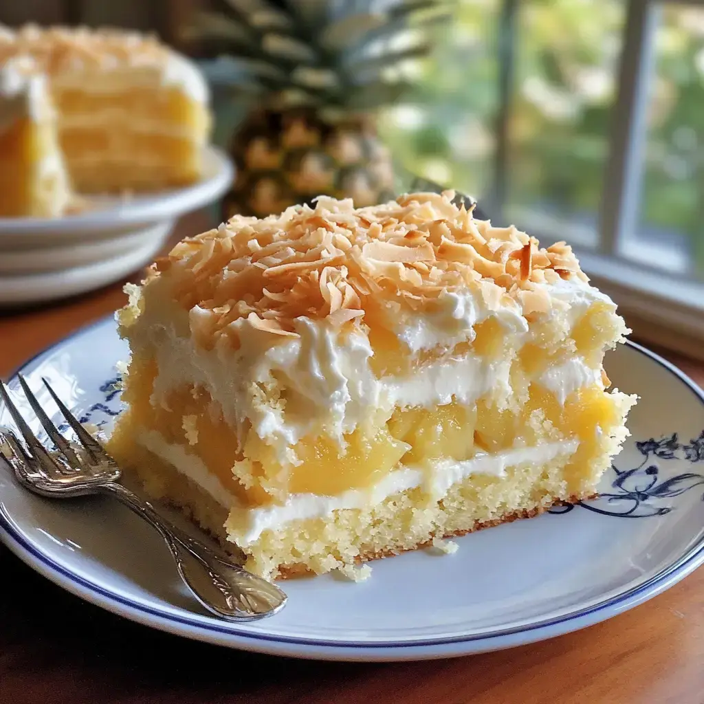 A slice of coconut pineapple cake topped with toasted coconut is served on a decorative plate, with a pineapple in the background.