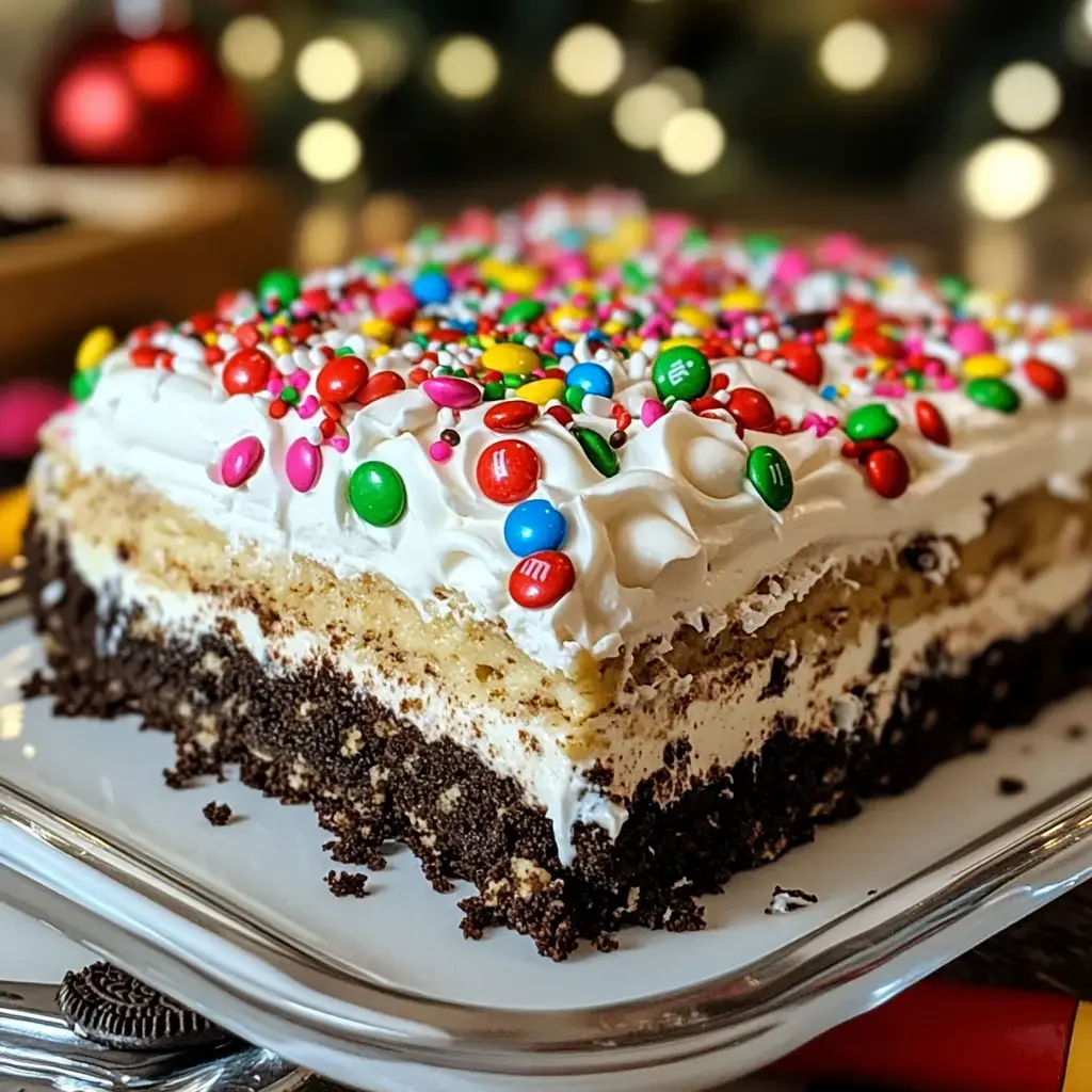 A layered dessert with a chocolate bottom, creamy filling, and colorful sprinkles on top sits on a serving plate.