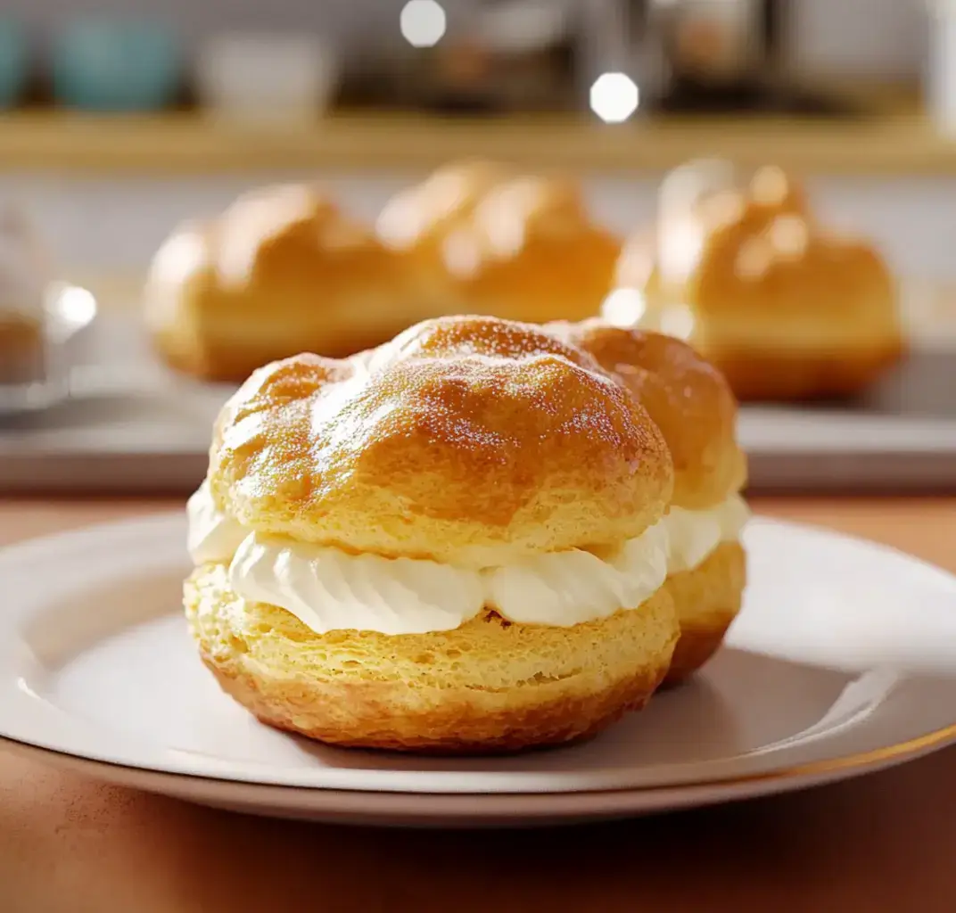 A close-up of a cream-filled pastry on a plate, with additional pastries blurred in the background.