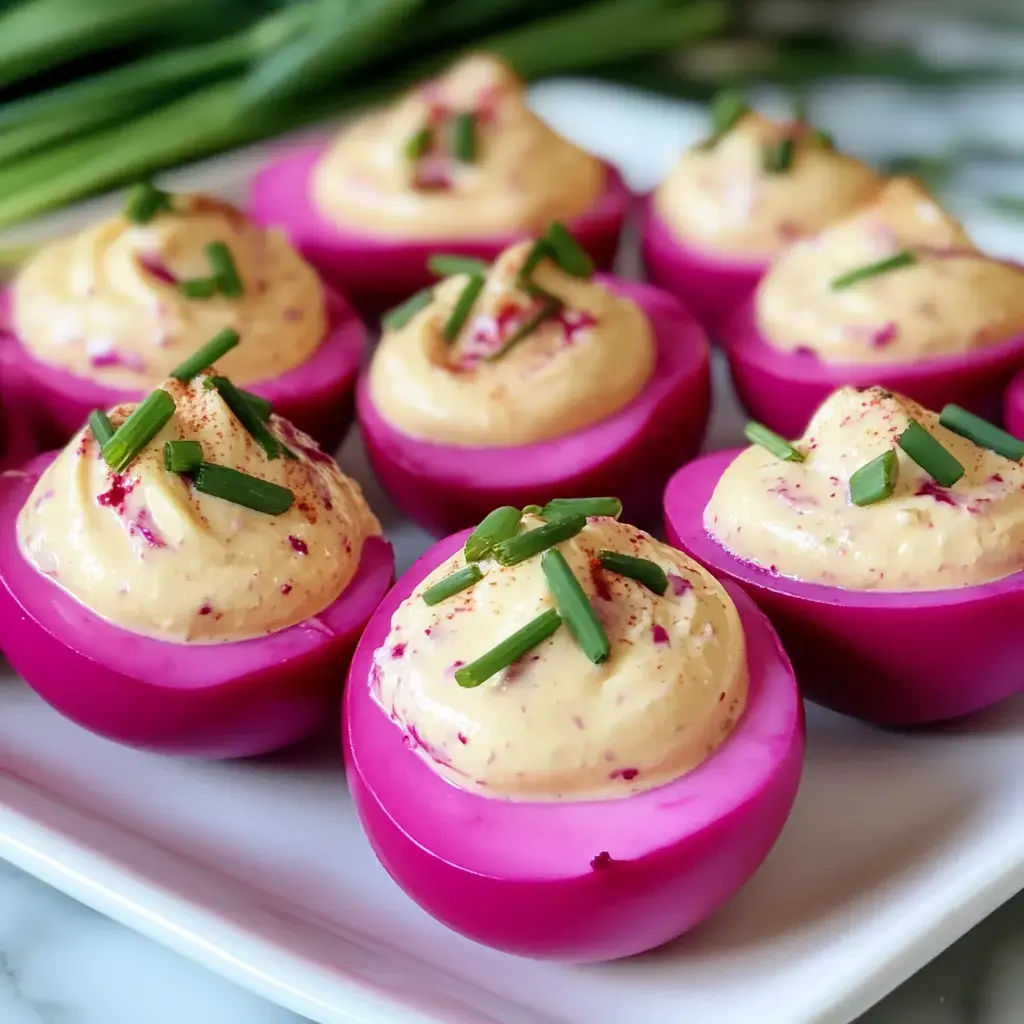 A close-up of vibrant pink deviled eggs topped with creamy filling, green onions, and seasoning on a white platter.