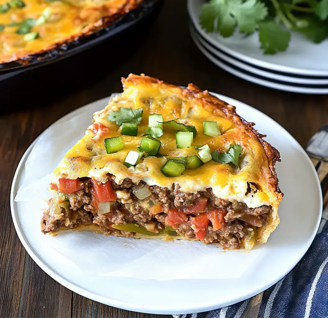 A slice of cheesy casserole topped with diced green peppers and cilantro, served on a white plate.