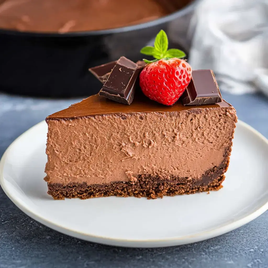 A slice of chocolate cheesecake topped with a fresh strawberry and chocolate squares on a white plate.