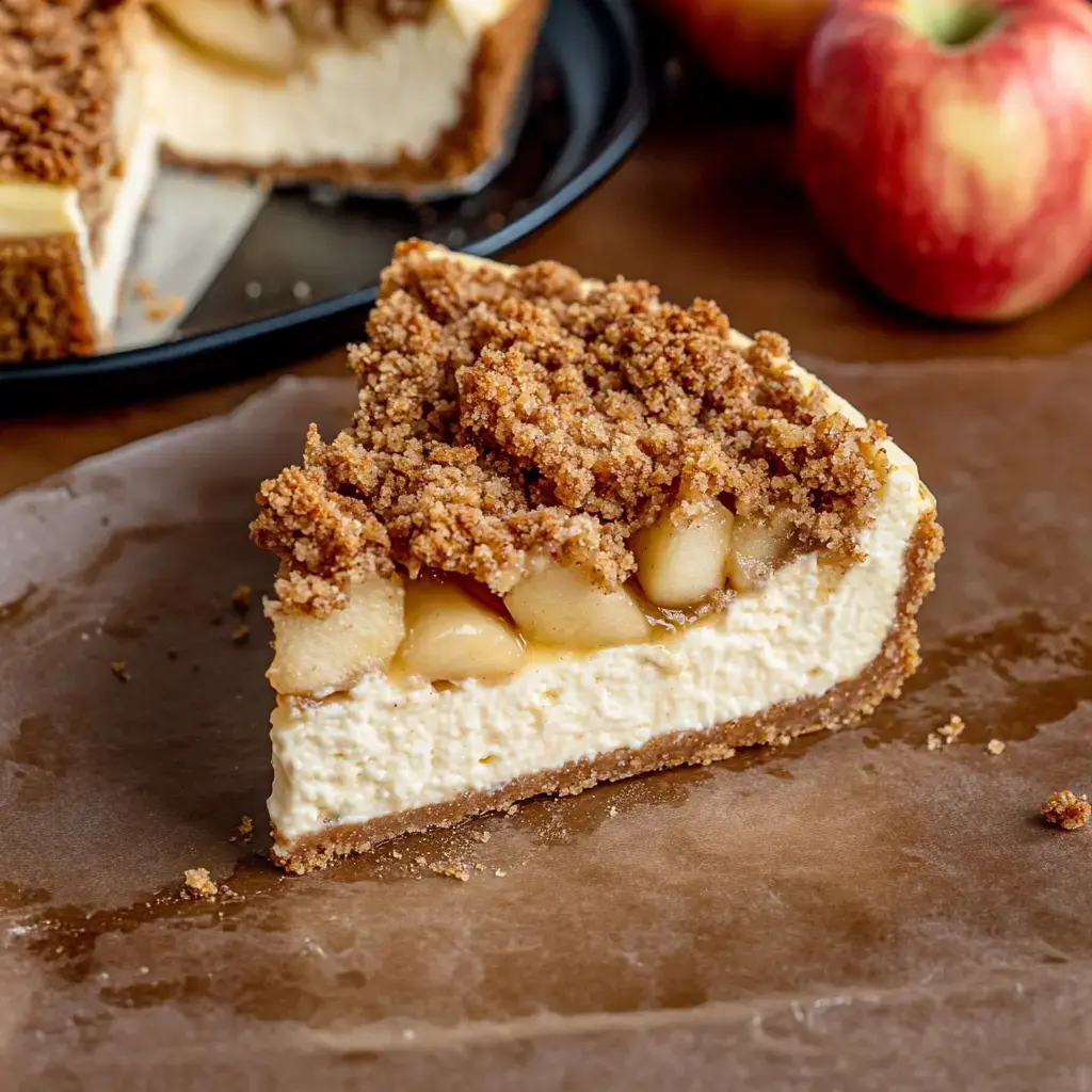 A slice of apple cheesecake topped with a crumbly streusel sits on a piece of parchment, with whole apples in the background.