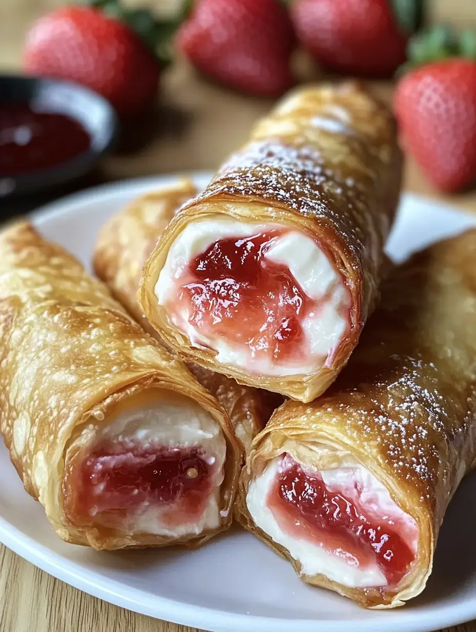 A plate of rolled pastries filled with cream and strawberry jam, topped with powdered sugar, with fresh strawberries and a bowl of strawberry sauce in the background.