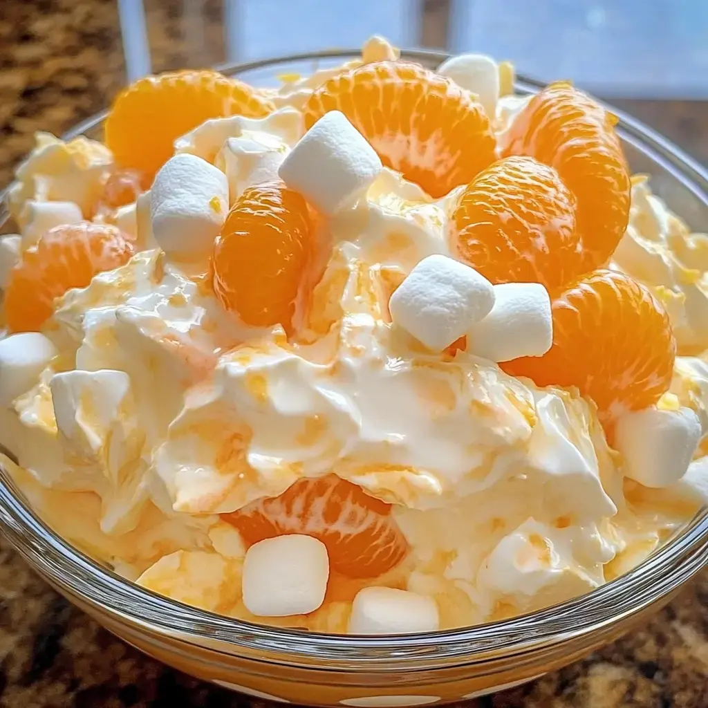 A bowl of fluffy fruit salad topped with mandarin orange segments and mini marshmallows.