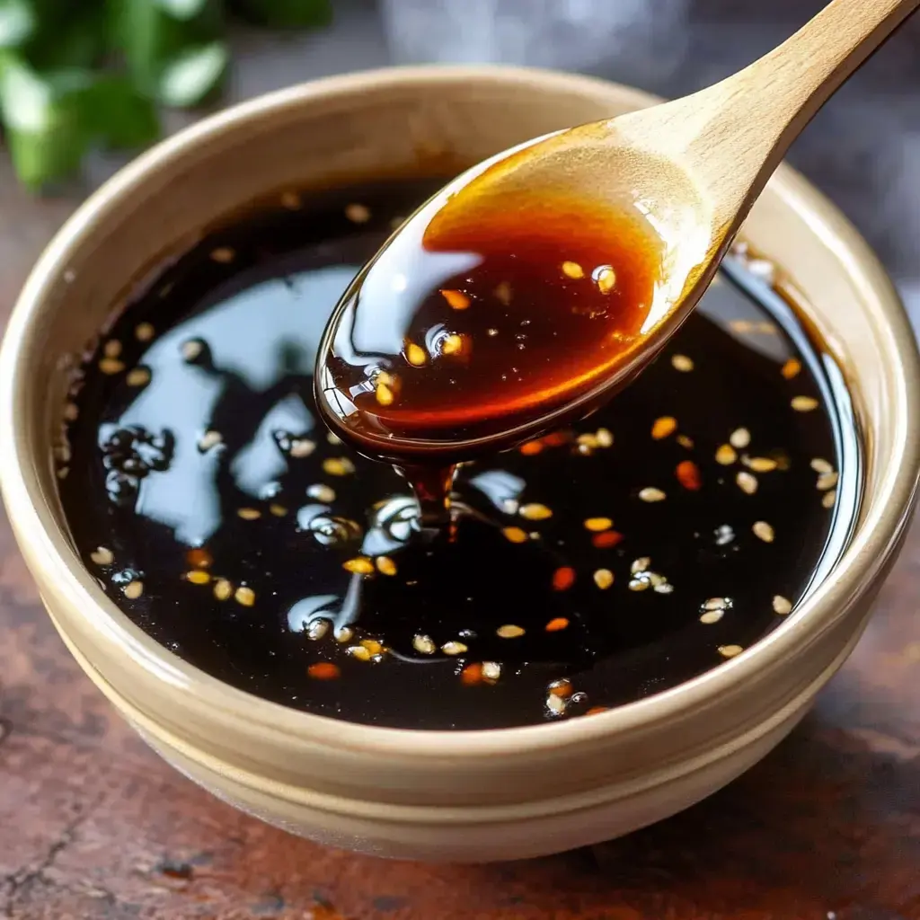 A wooden spoon is dipping into a bowl of dark, glossy sauce filled with sesame seeds and red pepper flakes.