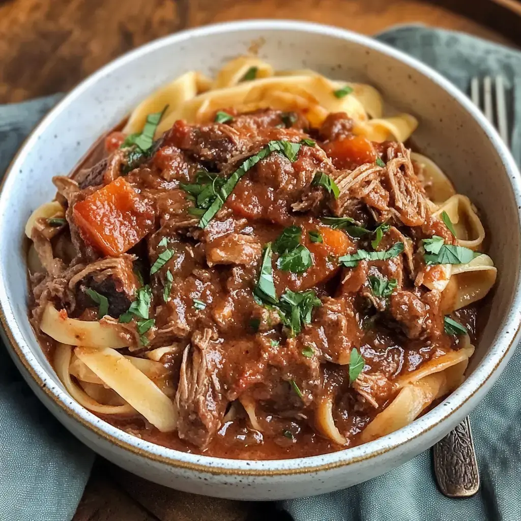 A bowl of fettuccine pasta topped with a rich savory meat sauce, featuring shredded beef and diced carrots, garnished with fresh herbs.