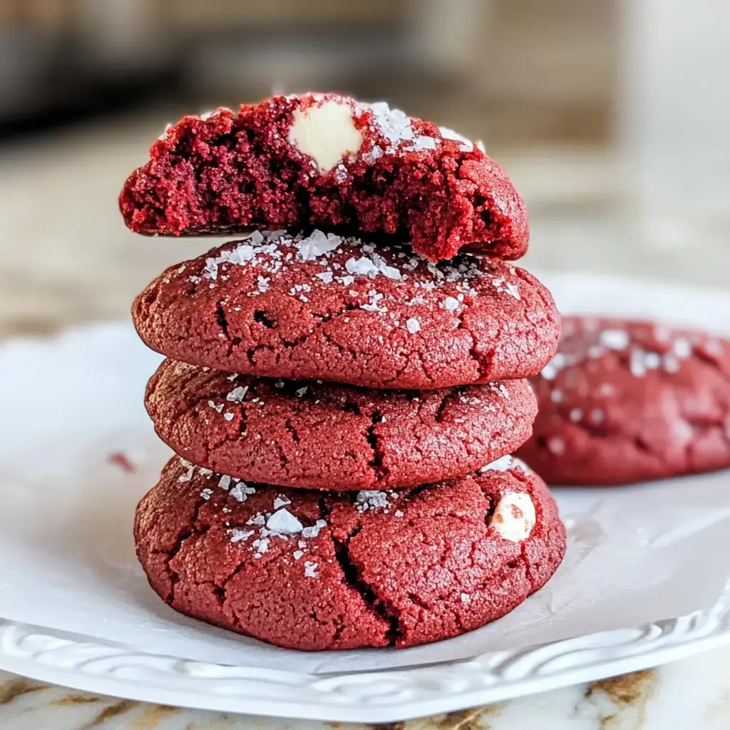 A stack of three red velvet cookies topped with coarse sea salt, with one cookie broken in half to reveal a white chocolate filling.