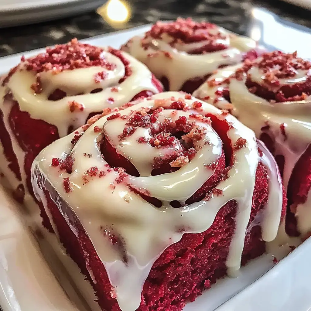 A plate of red velvet cinnamon rolls topped with cream cheese frosting and crumbled red velvet cake.