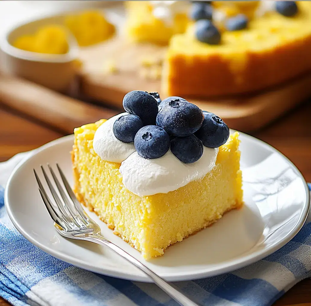 A slice of yellow cake topped with whipped cream and fresh blueberries, served on a white plate over a blue and white checkered cloth.