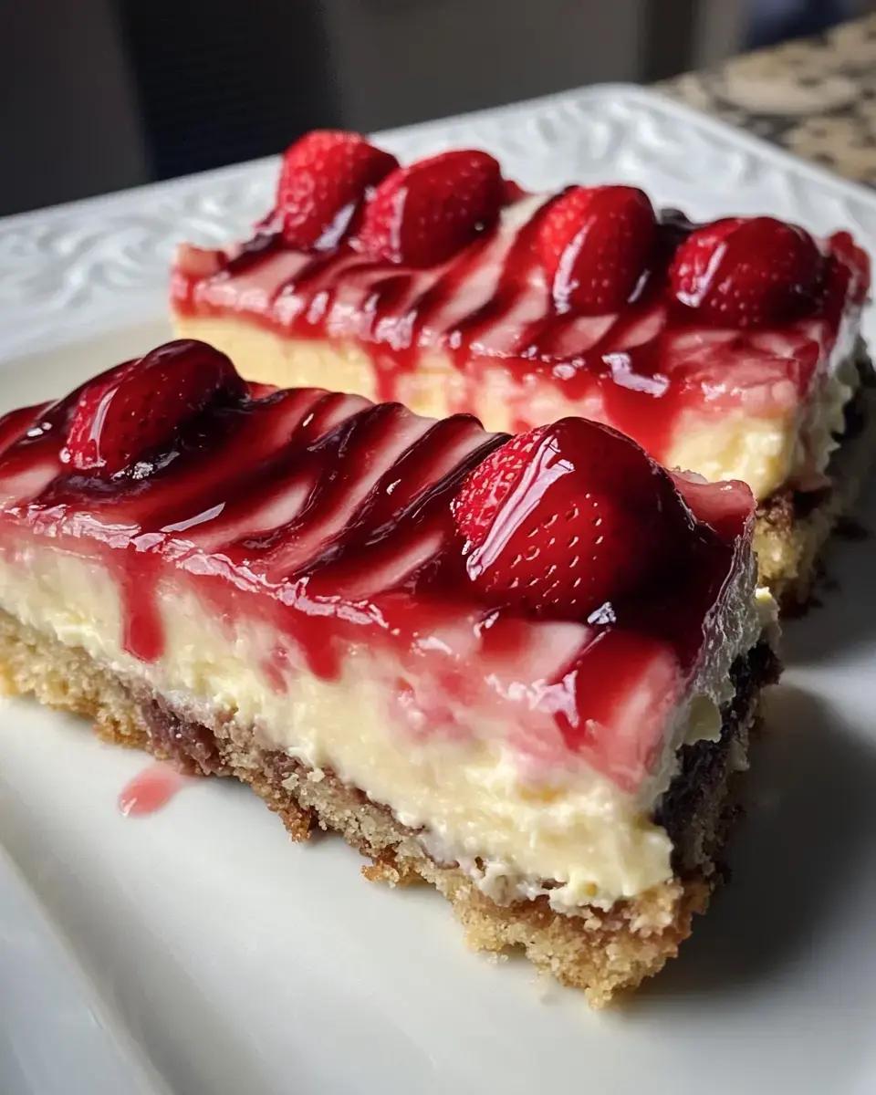 A close-up of two slices of cheesecake topped with strawberry glaze and fresh strawberries on a white plate.