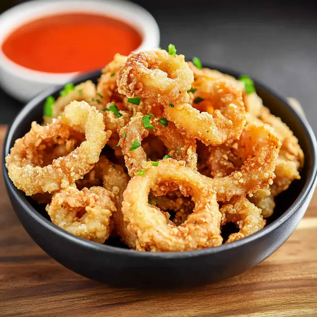 A black bowl filled with crispy fried calamari rings, garnished with chopped parsley, alongside a small dish of dipping sauce.