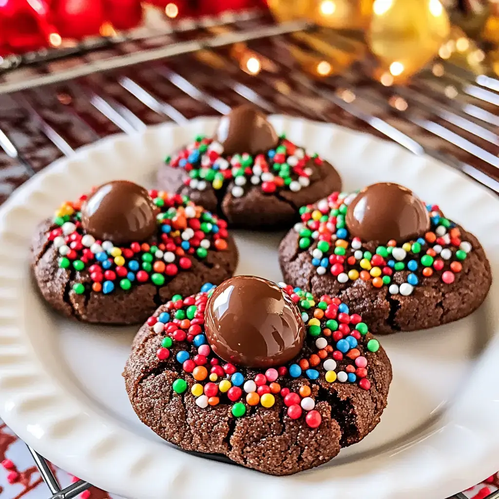 A plate of chocolate cookies decorated with colorful sprinkles and topped with shiny chocolate candy.