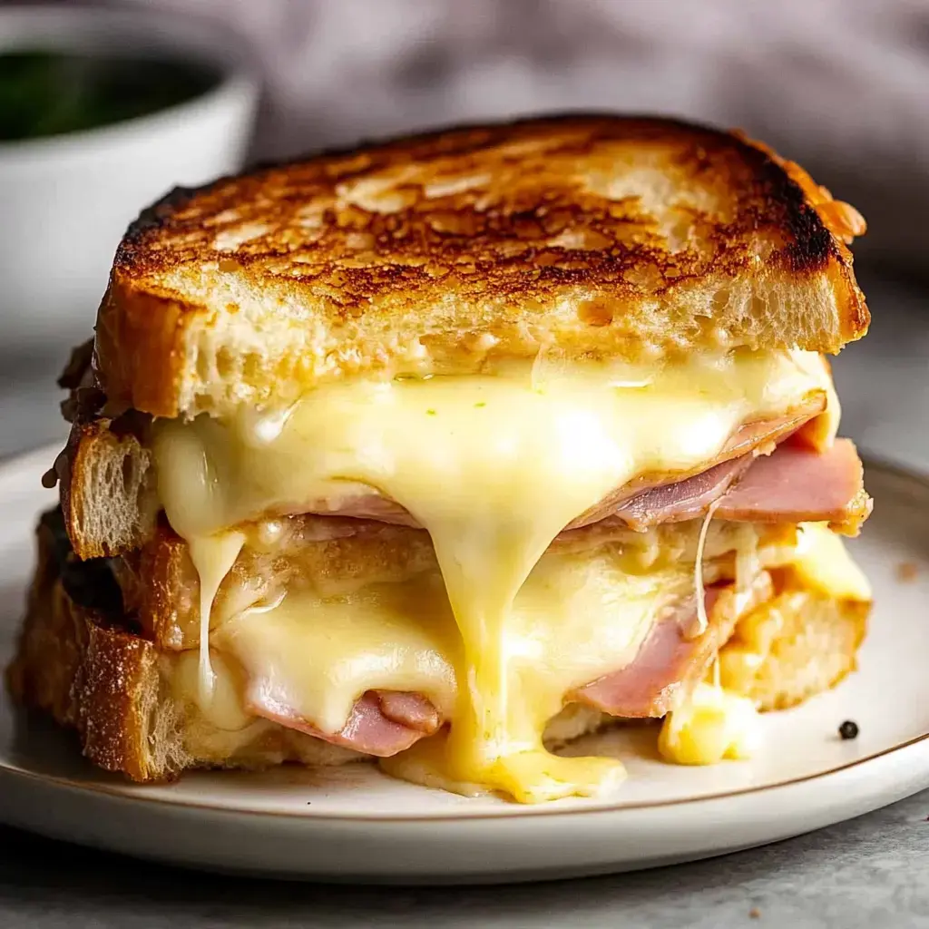 A toasted sandwich with melted cheese and layers of ham is shown on a plate.