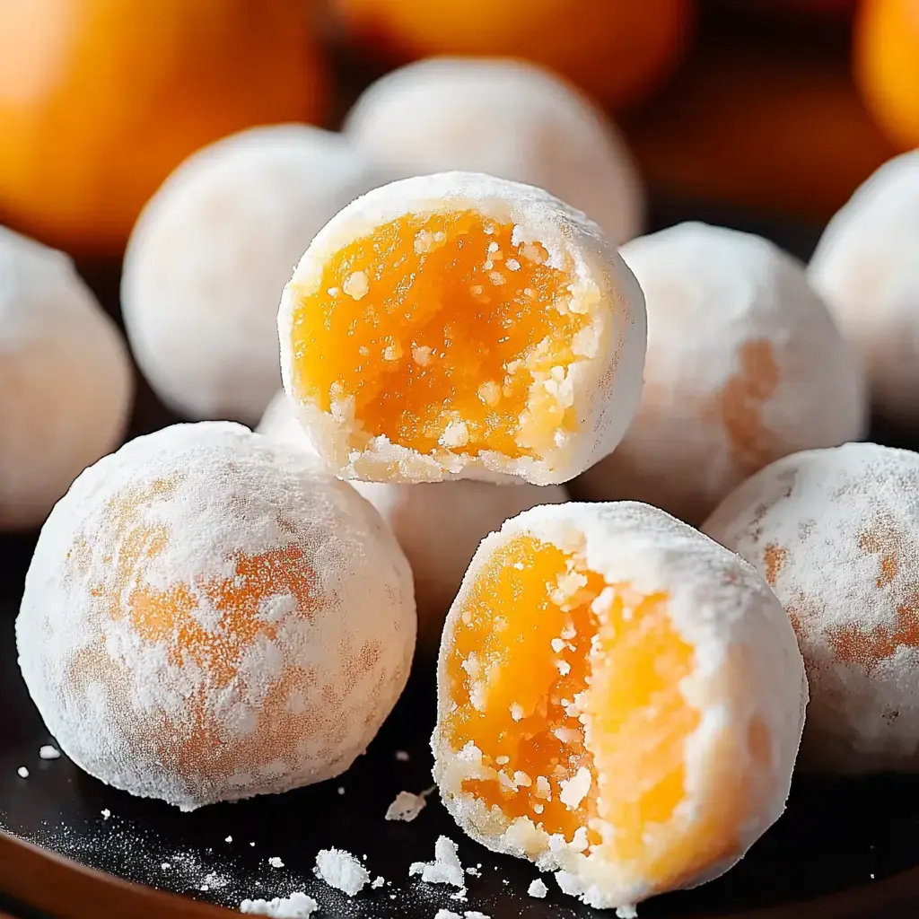 A close-up view of powdered sweet treats with a bright orange filling, some whole and one cut in half on a dark plate.