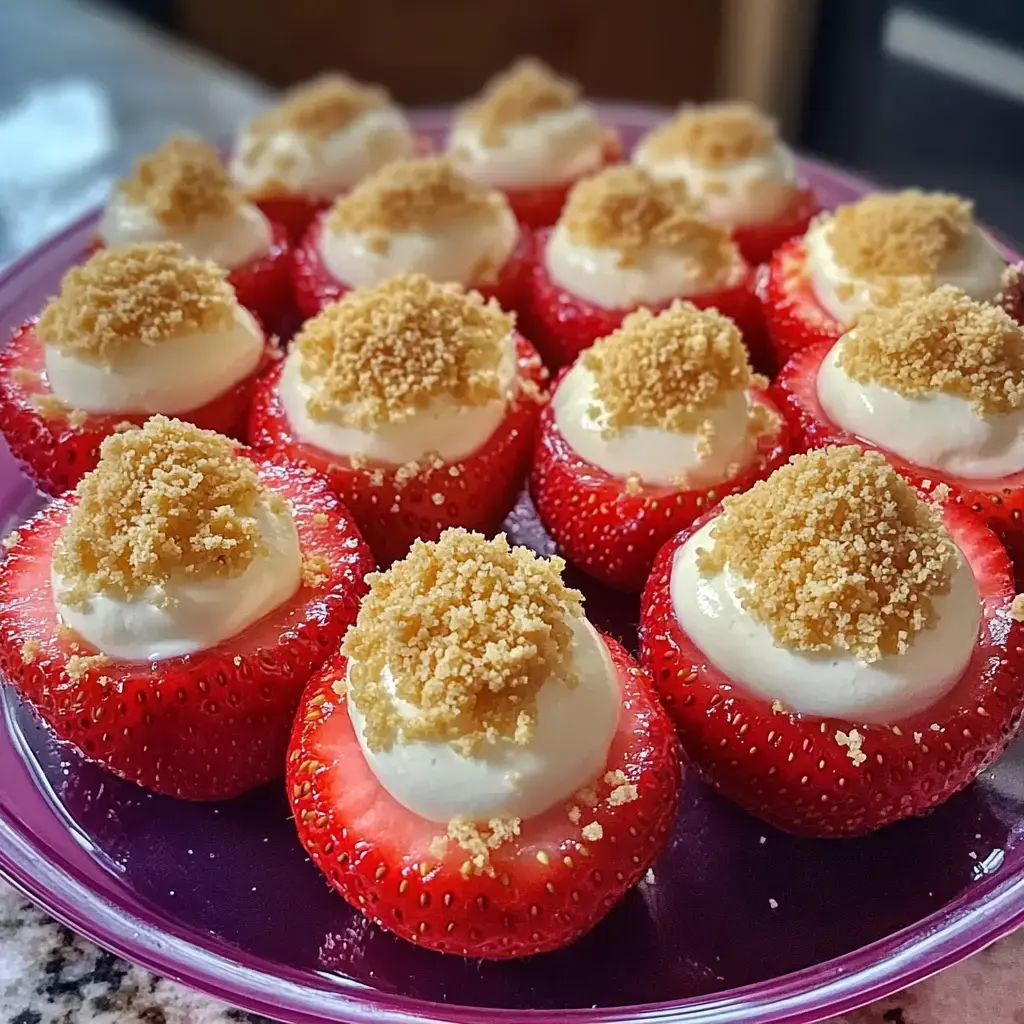 A plate of halved strawberries filled with cream and topped with brown sugar crumble.