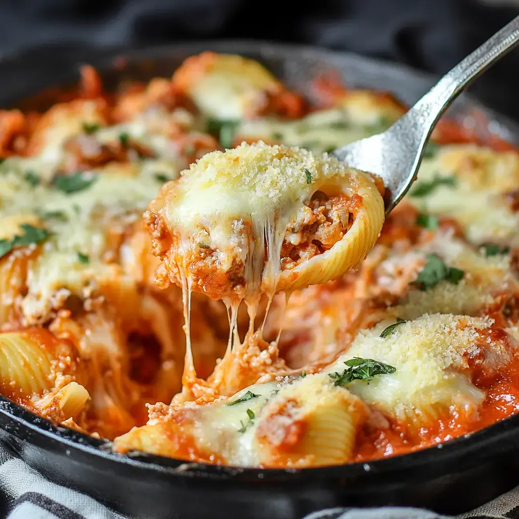 A fork lifts a cheesy stuffed pasta shell from a skillet filled with marinara sauce and melted cheese, garnished with herbs.