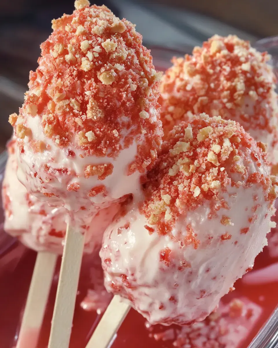 Three ice cream treats on wooden sticks are coated with crushed red and yellow toppings, resting in a red-hued liquid.