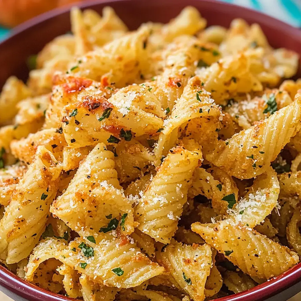 A close-up of a bowl filled with golden, cooked fusilli pasta garnished with herbs and grated cheese.