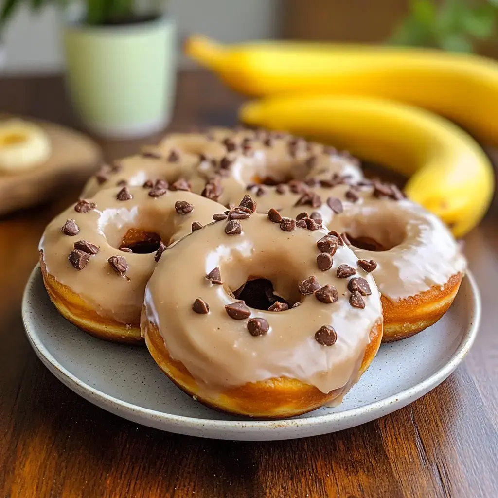 A plate of chocolate frosted donuts sprinkled with mini chocolate chips, with bananas and a plant in the background.