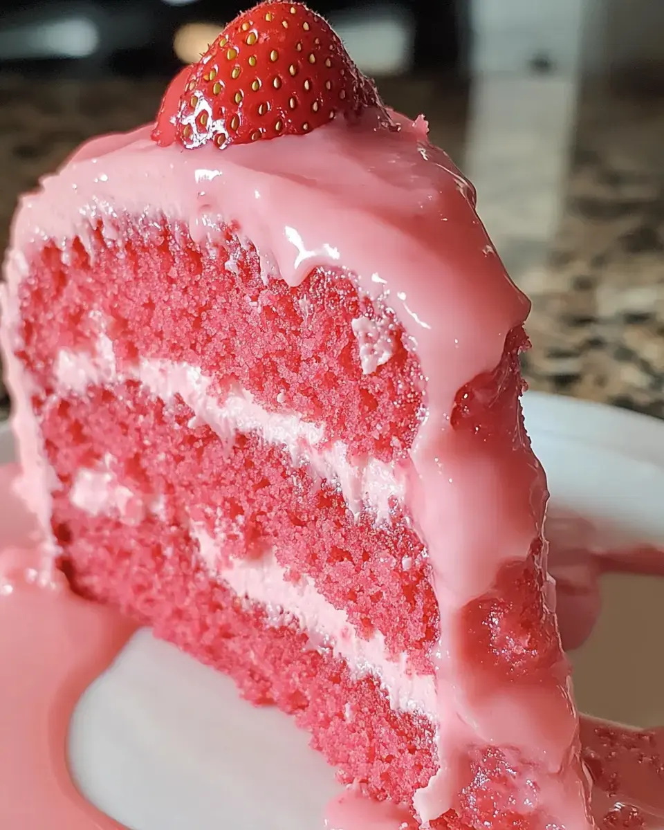 A slice of bright pink cake with white filling and a glossy pink glaze, topped with a fresh strawberry, sits on a plate.